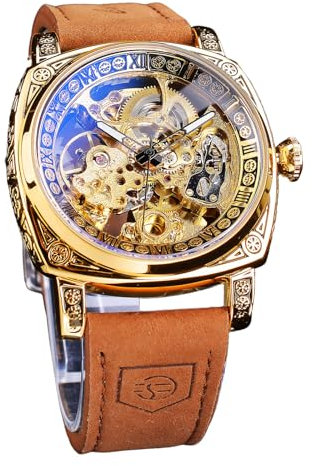 FORSINING Fancy Watches for Men, Square Retro Mechanical Watch Self-Wind Carved, Gear Movement Golden Skeleton Automatic Watches Vintage Leather Strap Wrist Watch, Gold, Retro, dorado, Retro