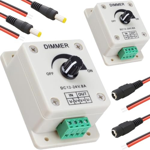 DAOKAI 2 pcs PWM Dimming Controller DC 12-24V 8Amp 0%-100% LED Dimming with DC Male Cable DC Female Cable for LED Lights, Ribbon Lights,Tape Lights, etc