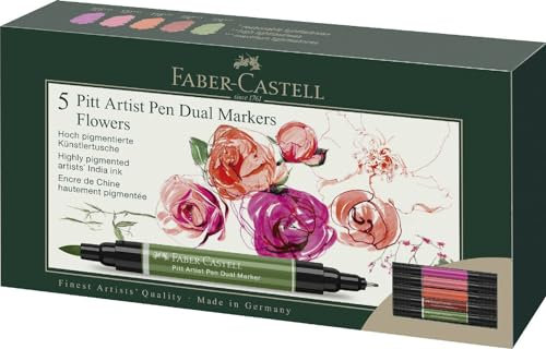 Faber-Castell 162007 - Tuschestifte Pitt Artist Pen Dual, 5 Marker mit zwei Spitzen - Pinselspitze und Faserspitze - Filzstifte Set Flowers