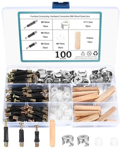 QJKEJI Set di 100 Connettori Mobili Eccentrici da Armadio, Incluso Inserti a escentrico, Dadi in Plastica, Connettore a Camma, Cavicchi in Legno, Kit di Viti di Fissaggio per Mobili da Cucina