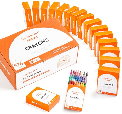 Shuttle Art Crayons Bulk Set - 24 Boxes, 576 Count, Durable & Non-Toxic, Teacher-Quality, Assorted Colors for School Supplies, Family, Class Party Favors