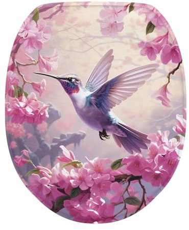 COEQINE Bathroom Toilet Seat Cover Pink Cherry Blossom Hummingbirds Flower Toilet Seat Lid Covers Washable for Women Bathroom Decoration Toilet Seat Cover Dust Lid Cover Soft Plush Cover