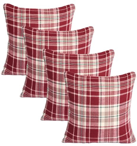 OHS Red Covers for Filled Inserts, Dorset Woven Check Square Cushions Soft Comfy Decorative Bedroom Living Room Throw Pillows Sofa Cuddle Cushions, Set of 4
