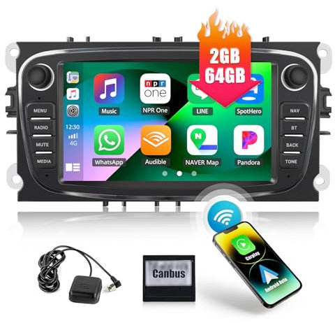 CAMECHO 2+64G Android 13 Car Stereo for Ford Focus Mondeo Kuga S-MAX C-MAX Galaxy 7 Touch Screen Car Radio with Wireless CarPlay Android Auto Sat Nav Bluetooth WiFi FM RDS Mirror Link