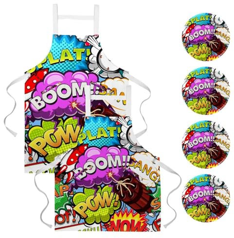 VAPOKF Küchenschürze, Kellnerschürze zum Kochen, Backen, für Zuhause, Reinigung, Restaurant, Arbeit, Bistro, Bar, mit 4 Broschen, Anstecknadeln – Boom Bubble Rakete Wecker, Gang, 2 Packungen, multi,