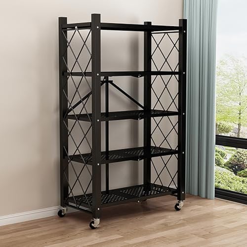 NOBBAT Klappregal,Faltregal,Regal Klappbar,Klappbares Regal mit Rollen, 4/5 Etagen Faltbare Schwerlastregal, Metallregal Schwarz, Lagerregal, Klappregal für die Küche, Büro(Schwarz,71.5x34x159cm)