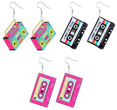 Tyqour 3 Paare 80er 90er Jahre Neon Ohrringe für Frauen Kassetten Ohrringe Retro Acryl Kassettenband Ohrring Neon Ohrring Damen für 80er 90er Jahre Outfit Mottoparty Kostüm Party Zubehör