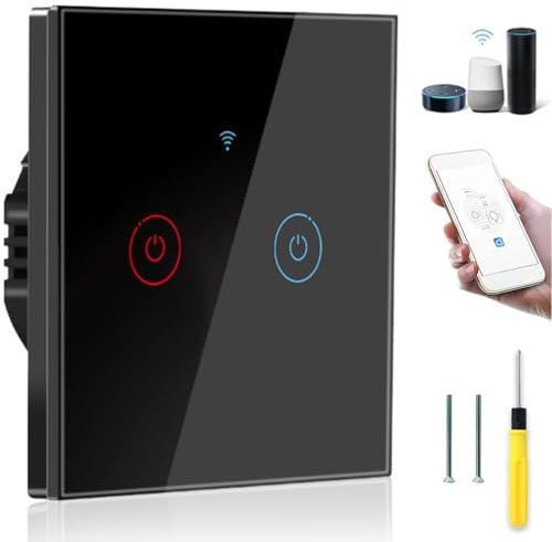 Acmerota Interruptor táctil de luz de pared inteligente WiFi Interruptor de luz inteligente 2 Gang, funciona con Amazon Echo y Google Home, control remoto APP, cable vivo neutro + cable vivo único