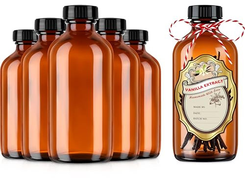 Danmu Art 240ml Glass Bottles with Lids 12 Pack 8.5oz-Vanilla Extract - Amber Boston Bottles with Caps -for Syrup Sample Stickers for Essential Oils,Wedding,Christmas