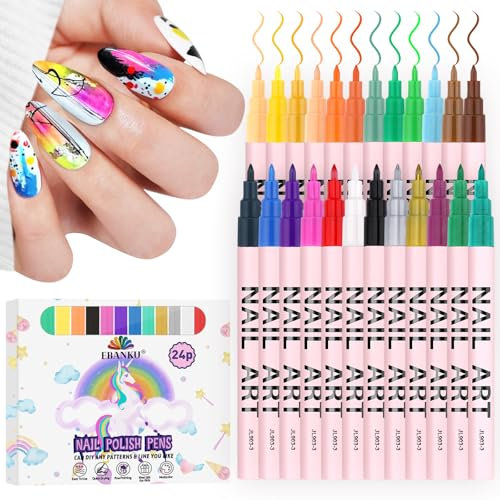 EBANKU 24 Farben Acryltinte Auf Wasserbasis, Nailart-Stifte-Set, 0,7 M Nagellackstifte Schnelltrocknender Acrylfarbstift Punktierstift, Liner-Stift, Nagelzeichnung, Malen, Maniküre-Werkzeuge