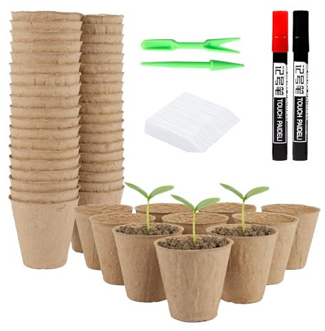 Lot de 100 pots de semences en fibre biodégradables de 6 cm pour culture de jardin avec 100 étiquettes, 2 stylos, 2 outils de creusement