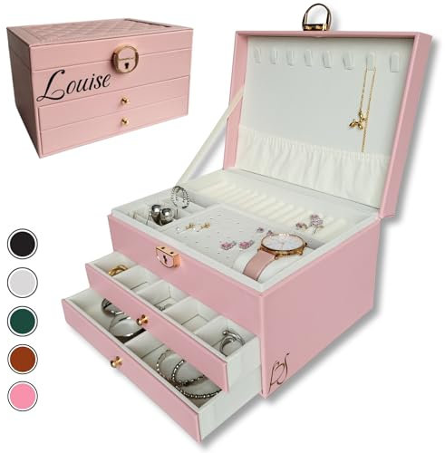 BS Boîte à bijoux pour femme et fille | Boîte à bijoux personnalisée avec prénom, pour cadeau - fête | Rangement bijoux verrouillable à clé, en cuir végan, organisateur bijoux (Rose)