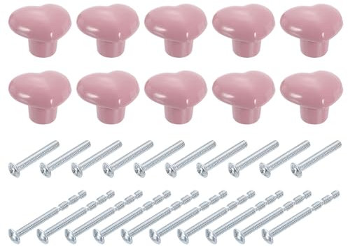 sourcing map Ceramic Cabinet Knobs, 10 Pcs Pink Heart Shaped Drawer Knobs, 36mm/1.42 Dresser Knob Pulls Handle with Screws for Vanity, Bedroom Furniture, Closet, Cupboard