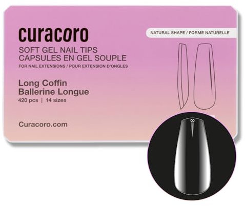 Curacoro Natural Nail Soft Gel Tips - 420Pcs Nail Extension Tip, 14 Sizes Clear Full Cover Acrylic Gel Tip, Long-Lasting Salon Quality, Easy to Wear & Natural Look (Coffin, Long)