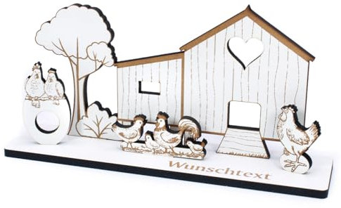 DEKOLANDO Personalisierbares Geldgeschenk Hühnerstall mit Wunschtext - Deko Bauernhof mit Hühnern - Geschenkidee Landhaus Fans, Bauern, Geburtstage, Rente - 20 x 9 cm
