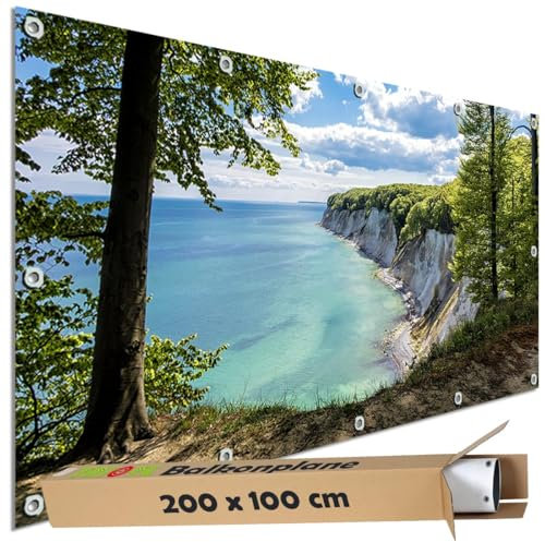 TRIOSK Sichtschutz Balkon Deko Plane Balkonblende Blickdicht mit Motiv Ostsee Kreidefelsen Rügen für Garten Terrasse Gartenzaun Balkonverkleidung Blickschutz PVC groß 200x100 cm