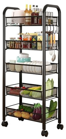Rollwagen mit 5 Etagen, Gemüseregal, Metall, schmaler Aufbewahrungswagen auf Rollen, Beauty-Obst-Getränkewagen mit 4 Haken, Netzkorb, schmales Regal für Küche, Bad, Büro, Schwarz, 44 x 26 x 102 cm