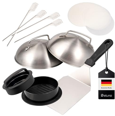 eluno Burger-Set 6tlg. inklusive Burgerpresse mit Burgerpapier, Grillwender, Zwei Burgerhauben und Vier Grillspießen, perfekt geeignet für den Grill, Plancha oder Pfanne, aus rostfreiem Edelstahl