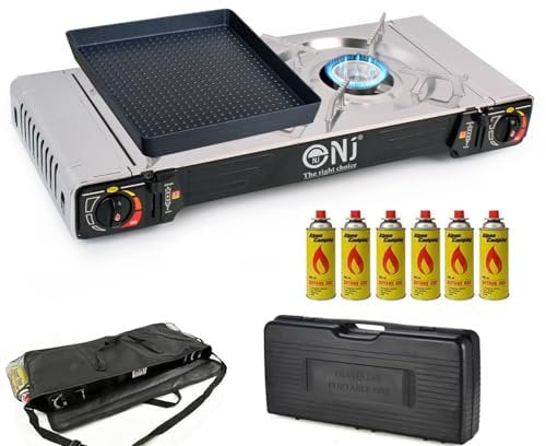 Double Camping Stove - 2 Burner Portable Gas Cooker Grill Plate Carry Case and Bag (Stove + 6 Canisters)