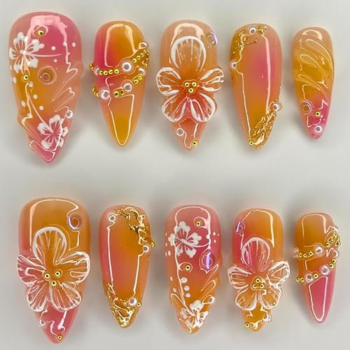 24Pcs Press on Nails – Yellow Floral Design, Simple Lines, Medium Almond, Full Coverage Fake Nails for Women