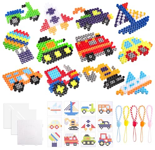 Bügelperlen Groß 10mm, 1200 Stück Maxi Bügelperlen Set mit Fahrzeugvorlagen, Bügelpapier, Bügelplatte und Schnüren, 11 Farben, für Kinder Jungen Mädchen ab 3 Jahre
