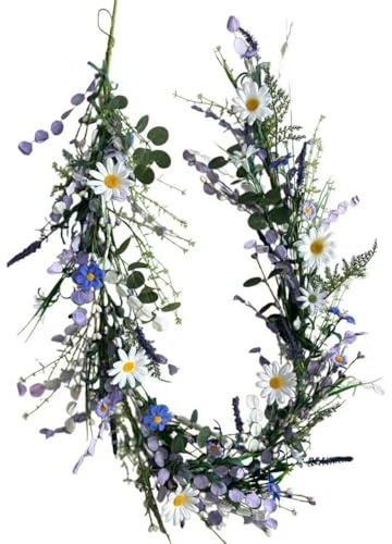 6 FT Farmhouse Spring Garland Country Summer Garlands for Decoration Rustic Spring Floral Garland with White Sunflower Wildflower Vine for Mantle Tabletop Centerpiece Stairs Railing Decorations