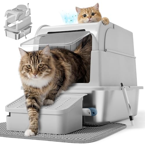 Feandrea Katzenklo Edelstahl, mit Deckel, geschlossen, 2 Eingänge | Katzentoilette, inklusive Pedal und Katzenstreumatte, für Katzen bis 15 kg, silber, BOXAL Kollektion PPT021G101