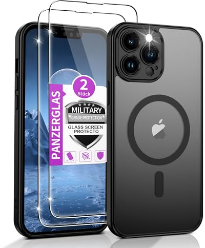 Jshru Handyhülle für iPhone 13 Pro Max Hülle mit 2 Stück Panzerglas Kompatibel mit Magsafe,Dünn Magnetisch Militär Stoßfest Schutzhülle Matt Case für iPhone 13 Pro Max,Schwarz