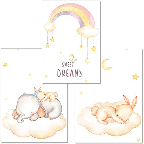 artpin® 3er-Set Poster Babyzimmer von Künstlerin - A4 Bilder für Kinderzimmer Mädchen Junge - Elefant,Hase,Regenbogen(P5)