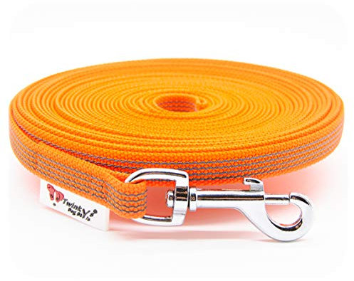 Twinkys Dog Style Schleppleine Hundeleine gummiert 15 mm breit für Hunde bis 15 kg - OHNE Handschlaufe 15 Meter Orange Made IN Germany