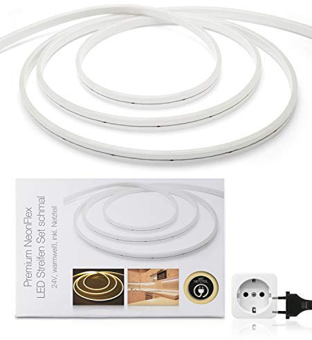 Premium 24V LED NeonFlex Streifen IP65 warmweiß schmal SET Netzteil 5m