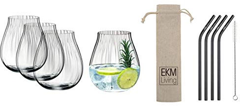 Riedel O 5515/67 Gin Tonic Optical Gläser Set 4 Stück + Gratis 4er Set EKM Living Edelstahl Strohhalme (Schwarz)