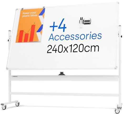 Rollendes magnetisches Whiteboard 240 x 120 cm - großes tragbares Whiteboard mit Ständer - doppelseitiges Whiteboard mit Rollen - mobiles Steh-Whiteboard für Büro, Klassenzimmer & Zuhause
