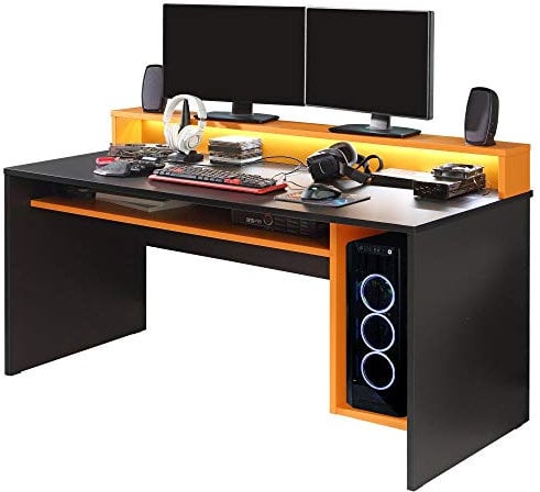 FORTE TEZAUR Gaming Schreibtisch mit LED Beleuchtung, Holzwerkstoff, Schwarz matt kombiniert mit Orange, 94 x 160 x 69 cm