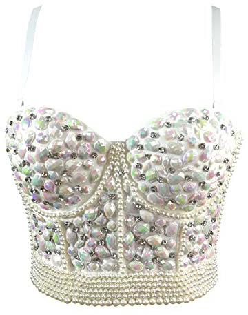 Woboren Mujeres Burlesque Dance Clubwear Body Shapewear Cincher Perla Cadena de diamantes de imitación Bustier Corset Sujetador corsé Top (Blanco, M)