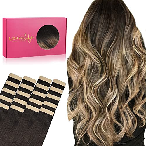 WENNALIFE Tape Extensions Echthaar, 20pcs 50g 35cm 14 Zoll Dunkel Braun bis Chestnut Braun und Dirty Blonde Highlights Remy Invisible Tape Extensions Seidig Gerade Echthaar Extensions Skin Tape Ins