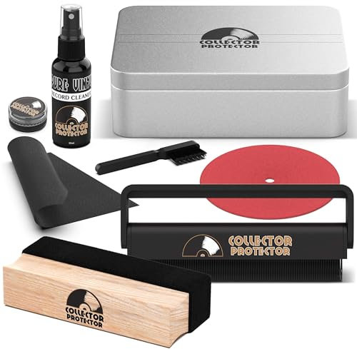 Schallplatten-Reinigungsset | Das komplette Set | inklusive weicher Samt-Schallplattenbürste, Kohlefaserbürste, LPreinigungslösung, Mikrofasertuch, Etikettenschutz und Metall-Aufbewahrungsbox