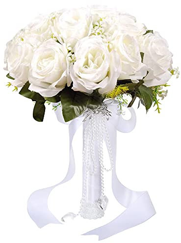 GEEKEO Brautstrauß Hochzeit koreanischer Stil weiß, falsche Rose Blume Brautstrauß künstlich Hochzeit hält Blumen mit Strass für Hochzeit