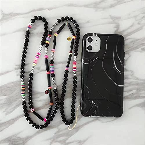Universale Handykette Umhängeband Lanyard,Böhmische Bunt Perlenkette Handy Halsband Schlüsselband mit Quasten,Telefon Anhänger Hängende Schnur Handy Schmuck Mobile Phone Chain für Frauen Damen,Schwarz