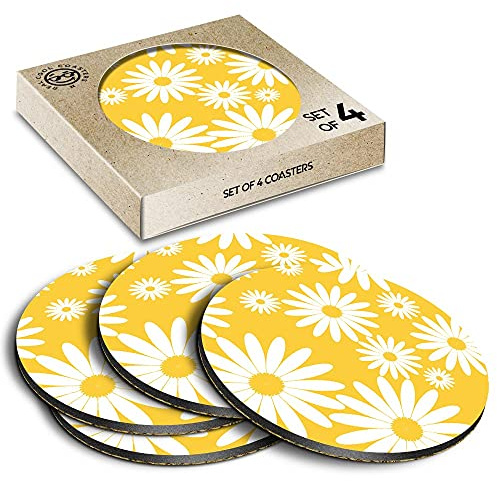 4 x Eco Boxed Cork Coasters - Yellow Daisy Flowers Sunny Drink Cup Mug Glass Table Mat #2441