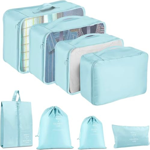 8 Piece Packing Cube Set, Travel Luggage Organiser, Storage Bags, Suitcases, Packaging, Includes Updated Toiletry Bag, Laundry Bag and Shoe Bag (Beige) (Sky Blue)