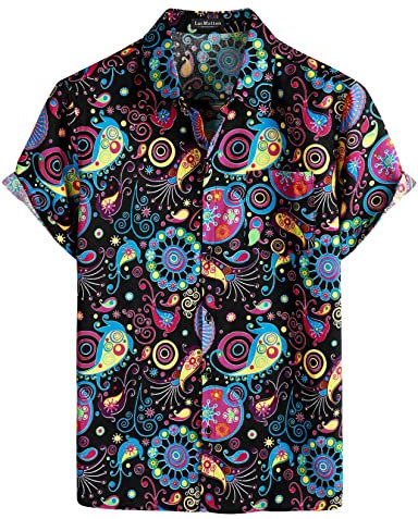 LucMatton Men's Linen 70s Hippie Style Floral Print Shirt Short Sleeve Button Down Hawaiian Shirts Black Yellow XXX-Large