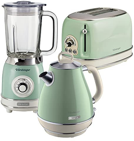 Ariete ARPK23 Retro Style Jug Kettle, 2 Slice Toaster & Jug Blender Set, Vintage Design, Green