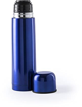 Termo de café para llevar- Botella térmica de medio litro en acero inoxidable con doble pared. Termo para bebidas calientes o frias con tapón de seguridad/taza (Azúl)