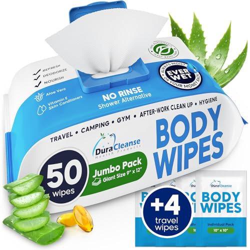 XL Body Wipes (50 Count) + 4 Travel Bath Wipes - 9 x 12 No Rinse Thick Cleansing Shower Wipes, Disposable Washcloths for Adults with Aloe Vera & Vitamin E for Bathing, Camping, Elderly Incontinence