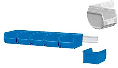 Wandleiste mit 6x Blaue Sichtlagerbox 2.0 mit Abdeckung | HxBxT 7,6x60,5x17,6cm | Wandhalterung, Kleinteileaufbewahrung, Sortimentsboxhalterung