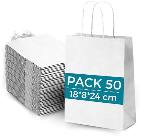 Lot 50 Sacs Papier Kraft Blanc avec Anses 18x8x23cm - Sac pour Shopping Cadeaux Mariages