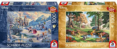 Schmidt Spiele 59671 Thomas Kinkade, Disney, Die Schöne und das Biest, Zauberhafter Winterabend, 1000 Teile Puzzle, Bunt & 59689 Thomas Kinkade, Disney, Winnie The Pooh, 1.000 Teile Puzzle, Bunt