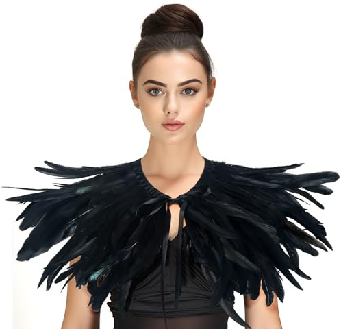 JEGERMIG Gothic Black Feather Shawl Victorian Costume Shrug Halloween Cosplay Feather Wrap Lace Neck