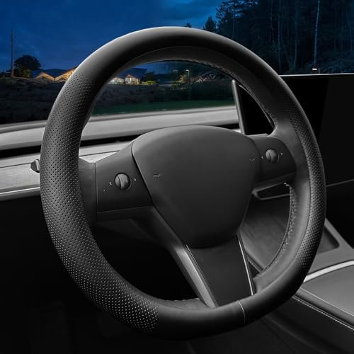 Custom car Steering Wheel Cover for Tesla. Nappa Leather Ultra-Thin Steering Wheel Cover with Non-Slip Design and Interior Modification of car Accessories (for Tesla Model 3/Y)(Black)
